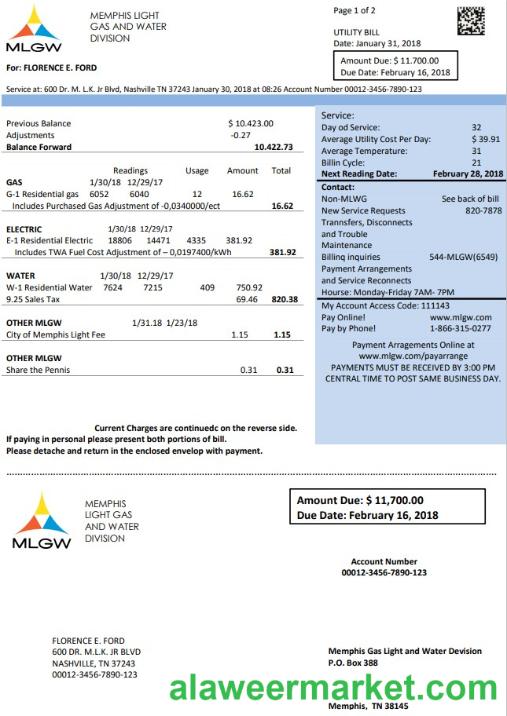 USA Tennessee MLGW utility bill template in Word and PDF format
